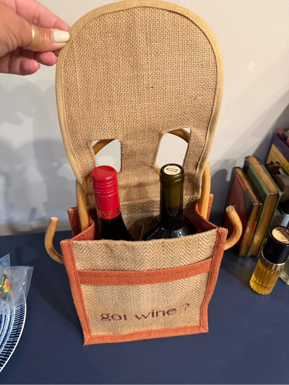 Rust Accent Jute Double Wine Tote Bag - got wine?